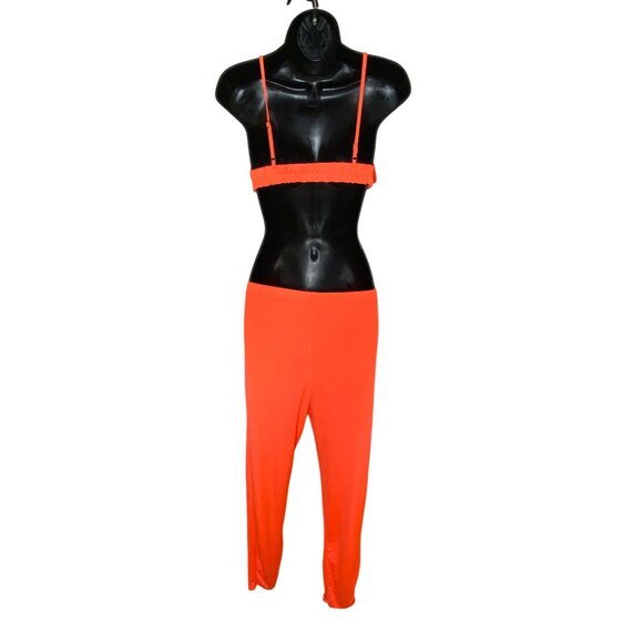 3-Piece Neon Orange Loungewear Set Fashion Nova Bra Pants & Long Duster Large - Picture 2 of 8